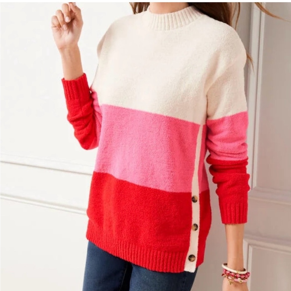 Talbots Red, Pink, and Cream Colorblock Crew Neck Sweater Size Large Petite